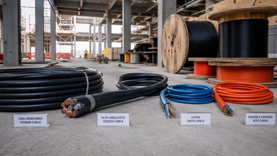 Assorted construction cables including armoured, XLPE, and data cables laid out on a commercial building site