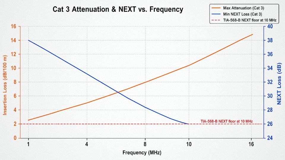Dual-axis line chart comparing insertion loss and NEXT loss versus frequency for Cat 3 cable up to 16 MHz