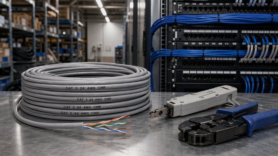 Coiled Cat 3 twisted-pair cable with exposed conductor pairs on an industrial workbench