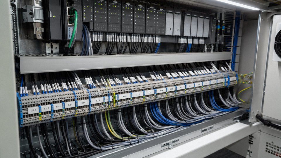 Multi-core control cables routed and terminated inside an industrial PLC control panel