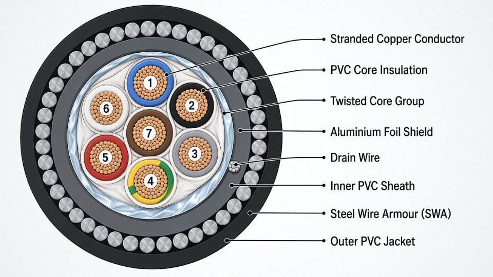Engineering cross-section diagram of a multi-core control cable showing all internal layers labeled in English