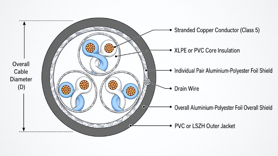 Cross-section diagram showing construction layers of shielded multi-core control wire including individual pair shields and overall foil shield with drain wire