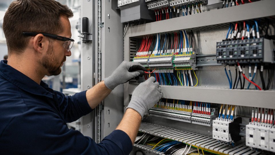 Technician terminating color-coded control wires on a DIN rail terminal block inside an industrial control panel