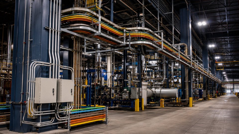 Industrial cable trays and conduit runs inside a large manufacturing plant