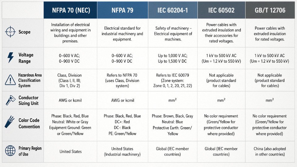 Comparison table of major industrial wiring standards including NEC, NFPA 79, IEC 60204-1, and GB/T