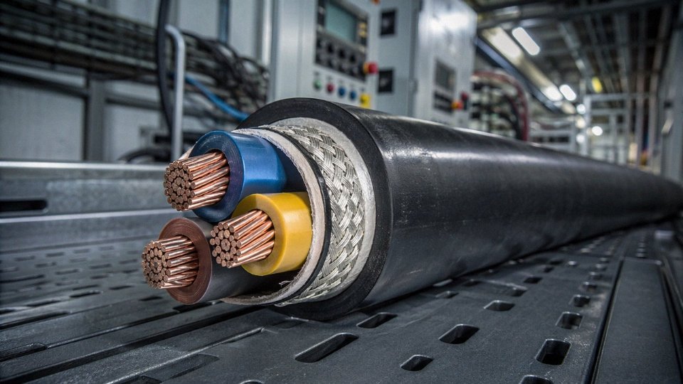 Cross-section of a multi-core power control cable showing layered construction including conductors, insulation, shielding, and outer sheath in an industrial setting