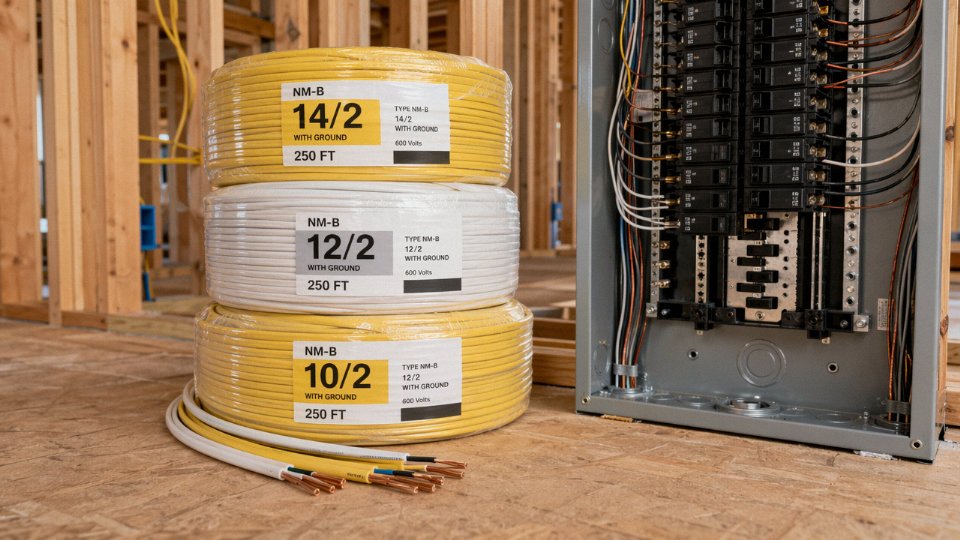 Rolls of NM-B Romex cable in multiple gauges staged near a residential electrical panel during rough-in wiring