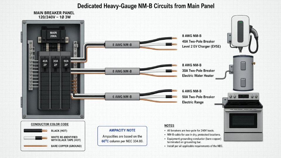 Flat engineering diagram showing heavy-gauge NM-B circuit runs for EV charger, water heater, and range with breaker sizes and AWG labels