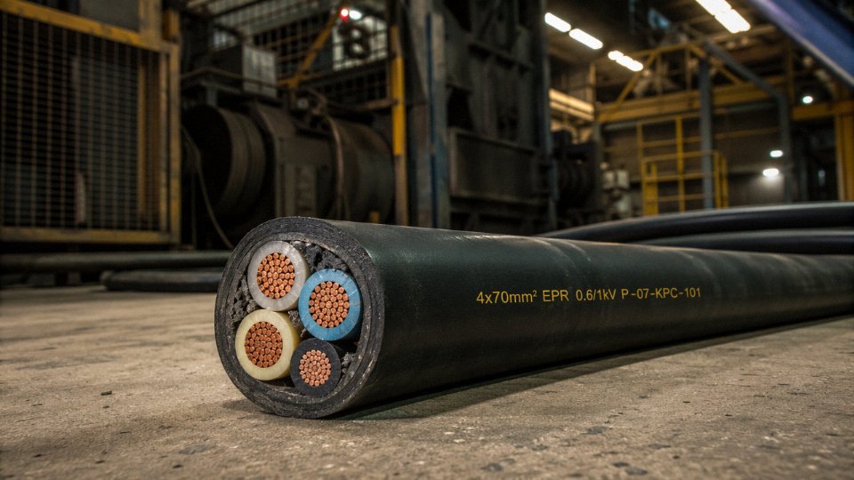 Heavy-duty Type 4 rubber-sheathed flexible power cable coiled on an industrial plant floor