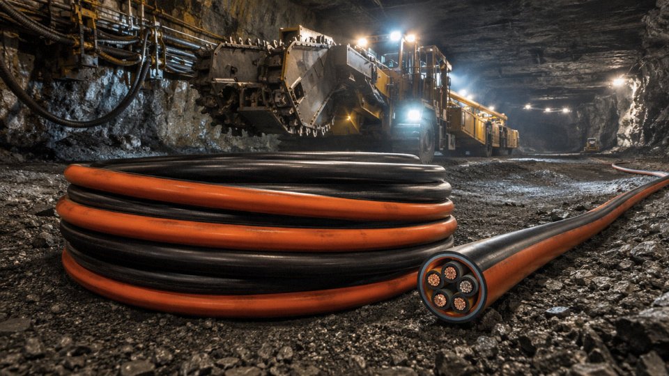 Heavy-duty Type 4 trailing power cable being deployed on an active underground mine floor beside a continuous mining machine