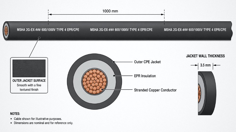 Engineering diagram showing MSHA approval number marking layout printed on a Type 4 cable outer jacket at regular one-meter intervals