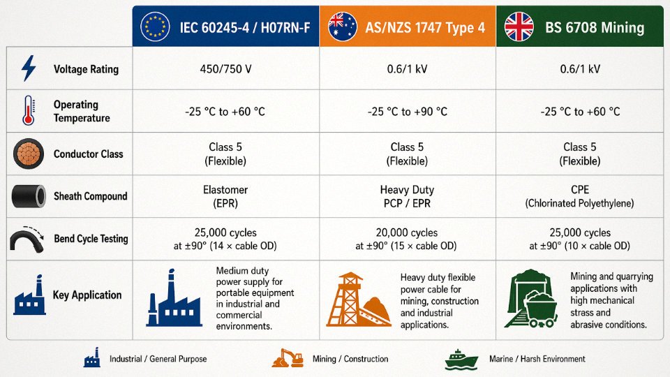 Comparison diagram of IEC 60245-4, AS/NZS 1747 Type 4, and BS 6708 cable standards