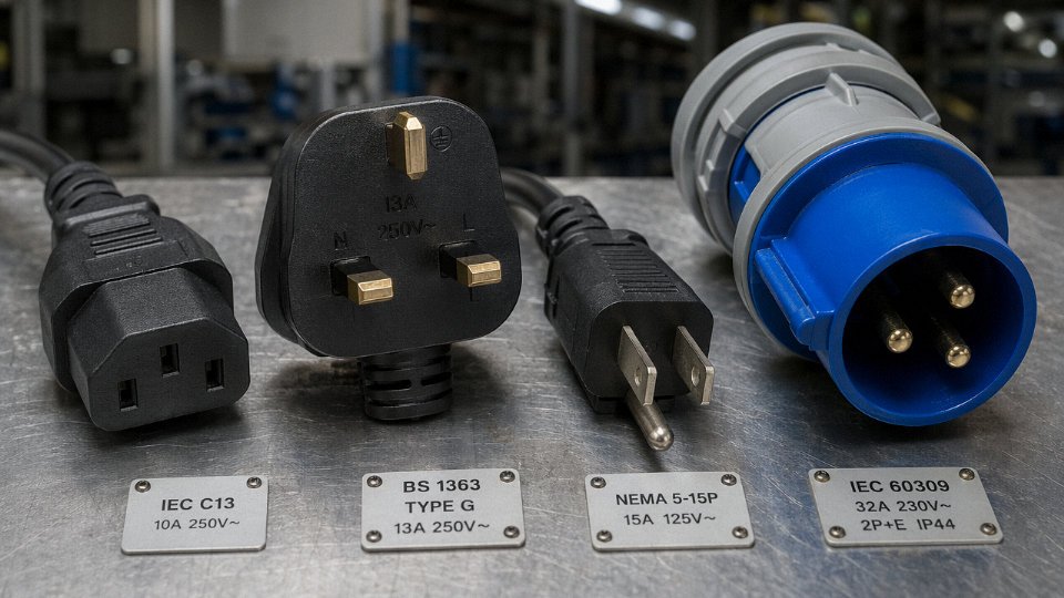 Assorted industrial and IEC power connectors and plugs laid out on a factory workbench