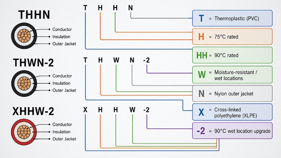 Flat vector diagram decoding UL building wire designation suffixes such as THHN, THWN-2, and XHHW-2