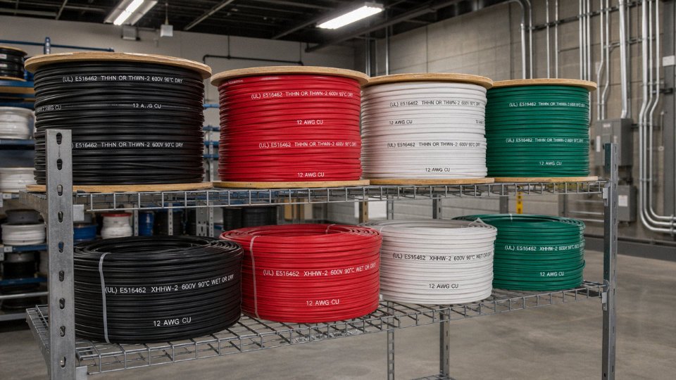 Assorted building wire types including THHN and XHHW-2 coiled in an industrial electrical room