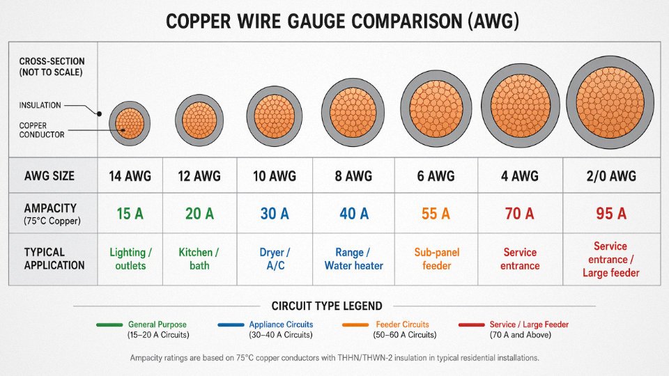 Flat vector diagram comparing AWG wire gauges from 14 AWG to 2/0 AWG with ampacity ratings and typical circuit applications