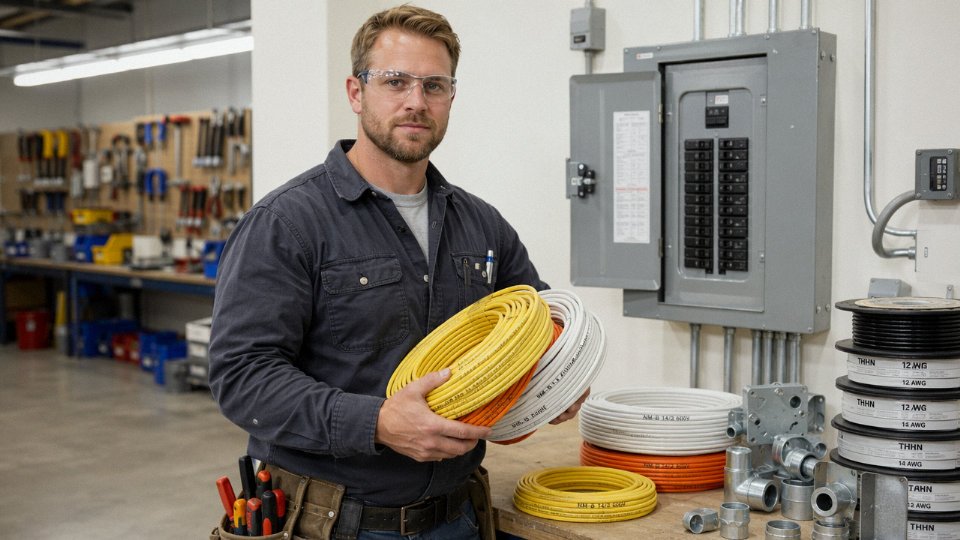 Electrician selecting copper NM-B and THHN wires in a residential electrical panel room