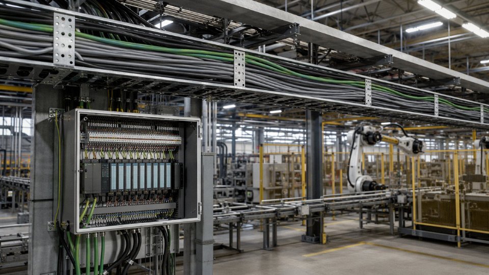 Industrial control cables bundled in a cable tray inside a manufacturing facility, with a PLC panel visible in the background