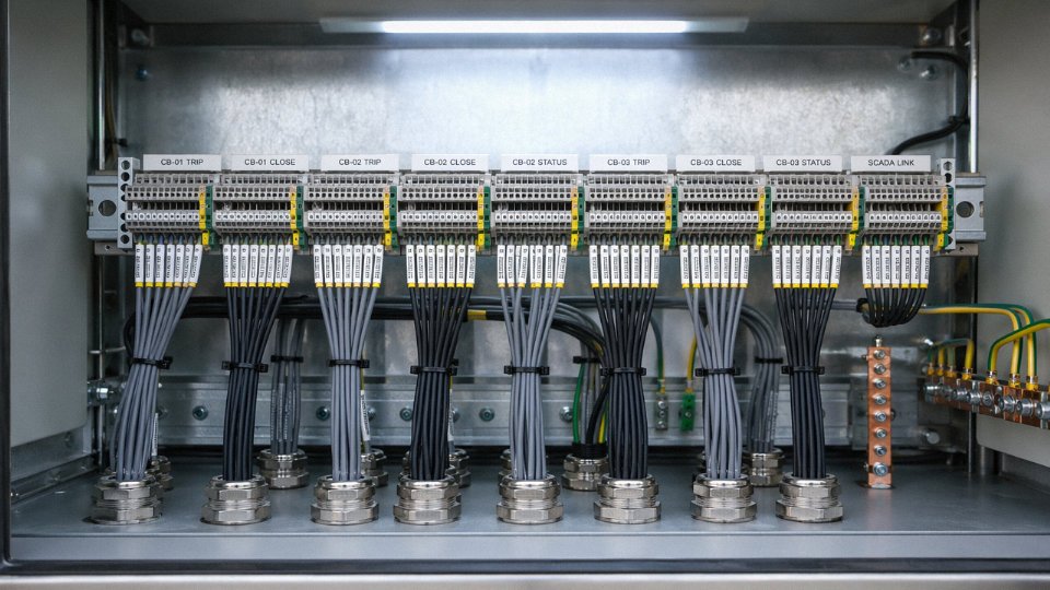 Multicore control cables neatly routed and terminated on terminal blocks inside a substation marshalling kiosk