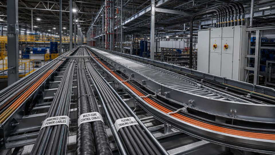 Assorted industrial cables including armored power cables, multi-core control cables, and flexible trailing cables arranged in an industrial plant environment