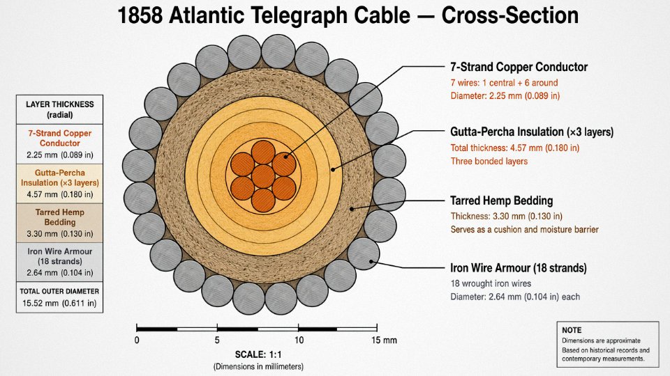 Engineering cross-section diagram of the 1858 Atlantic Telegraph Cable showing concentric layers: seven-strand copper core, gutta-percha insulation, tarred hemp bedding, and eighteen iron wire armour strands