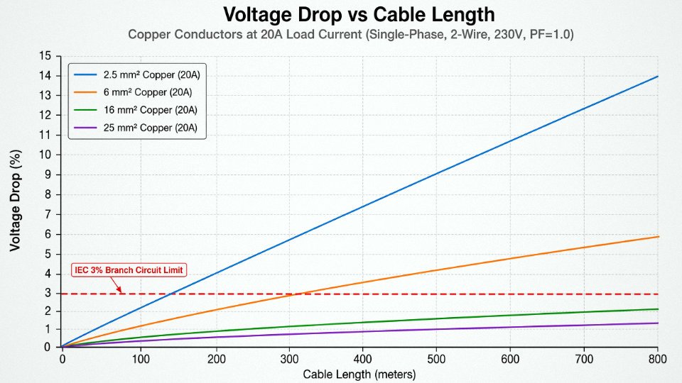 Engineering diagram showing voltage drop percentage versus cable length for different conductor cross-sections at fixed load current