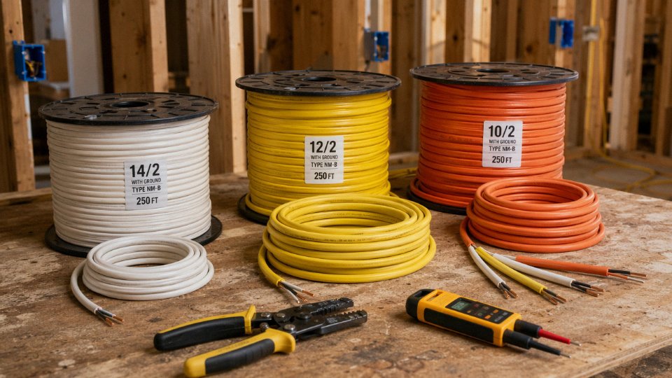 Assorted residential electrical cables including NM-B Romex in multiple gauges laid out on a workbench in a house being rewired