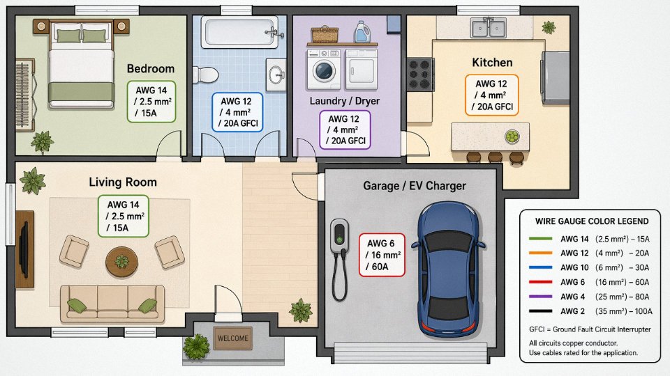 Flat vector floor plan diagram showing recommended AWG wire gauge and breaker size for each room in a typical residential home