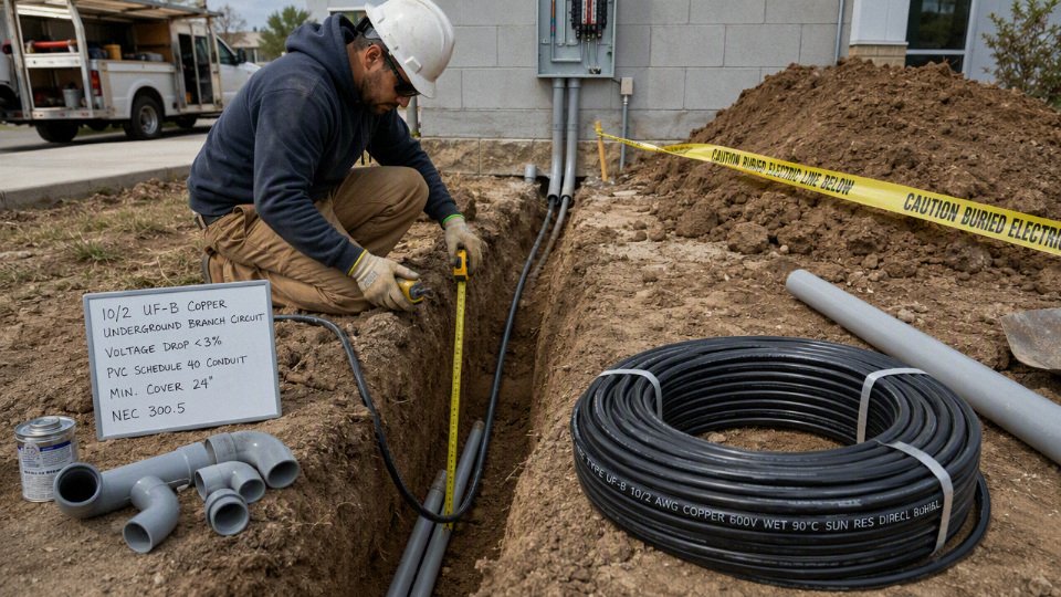Electrician measuring an underground 10/2 wire run in a trench