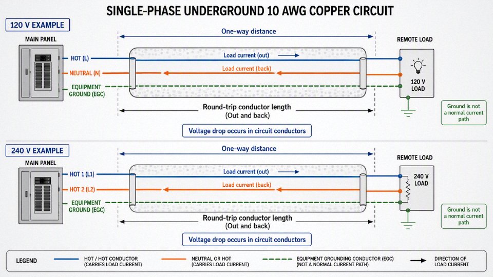 Diagram showing voltage drop round-trip path for a 10 AWG underground circuit