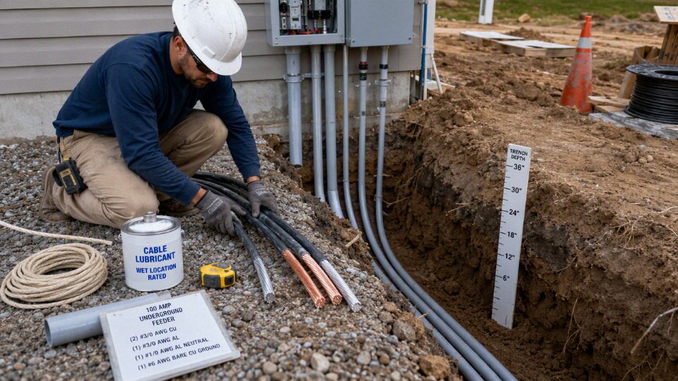 Electrician preparing underground feeder conductors for a 100 amp service installation