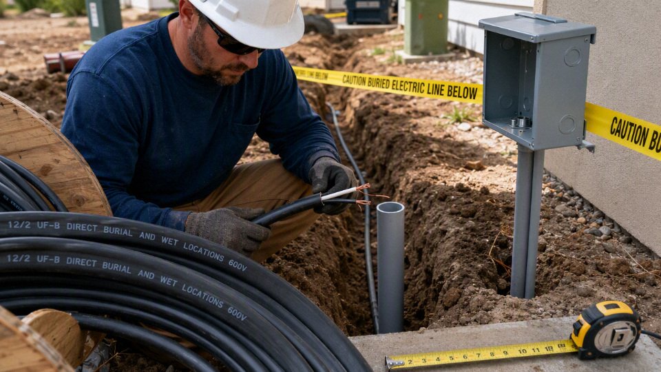 Electrician preparing approved underground cable beside a trench