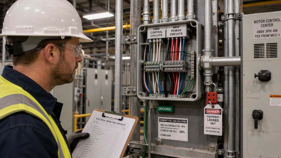 Electrician inspecting shared conduit carrying 120V control and 480V power conductors in an industrial panel