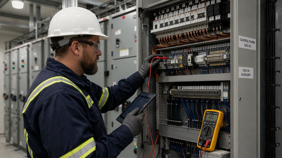 Engineer checking a low-voltage 120V industrial control panel