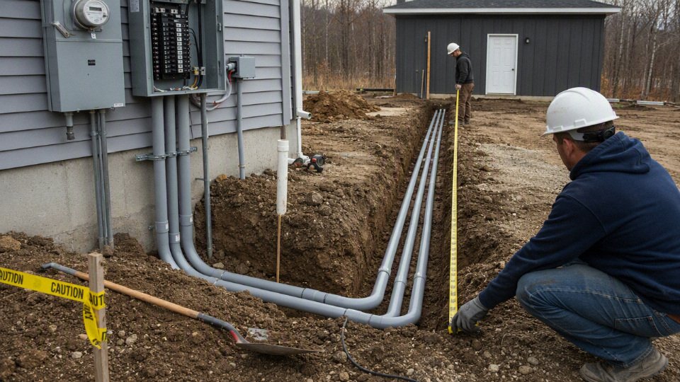 Underground electrical service trench with conduit for a 200 amp feeder