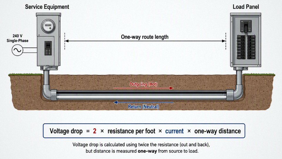 Diagram explaining one-way length in a single-phase voltage drop calculation