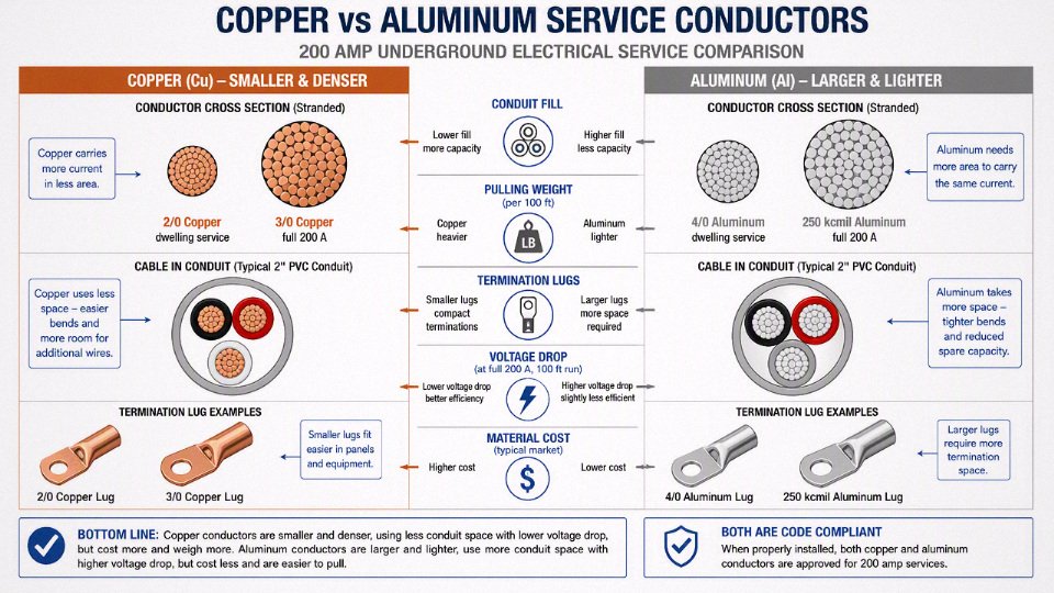Comparison diagram of copper and aluminum conductors for 200 amp underground service