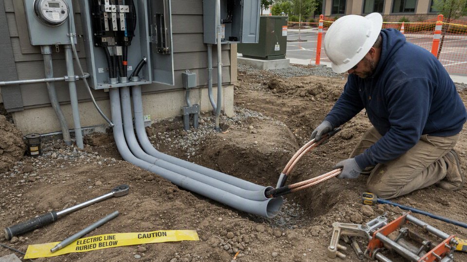 Electrician installing underground service conductors for a 200 amp electrical service