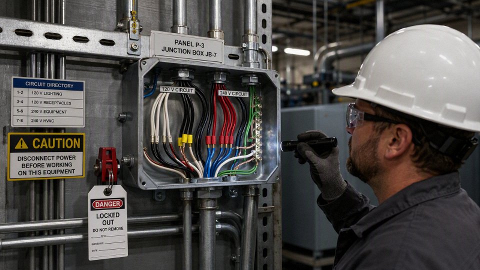 Electrician inspecting mixed 120 V and 240 V conductors in an industrial conduit run