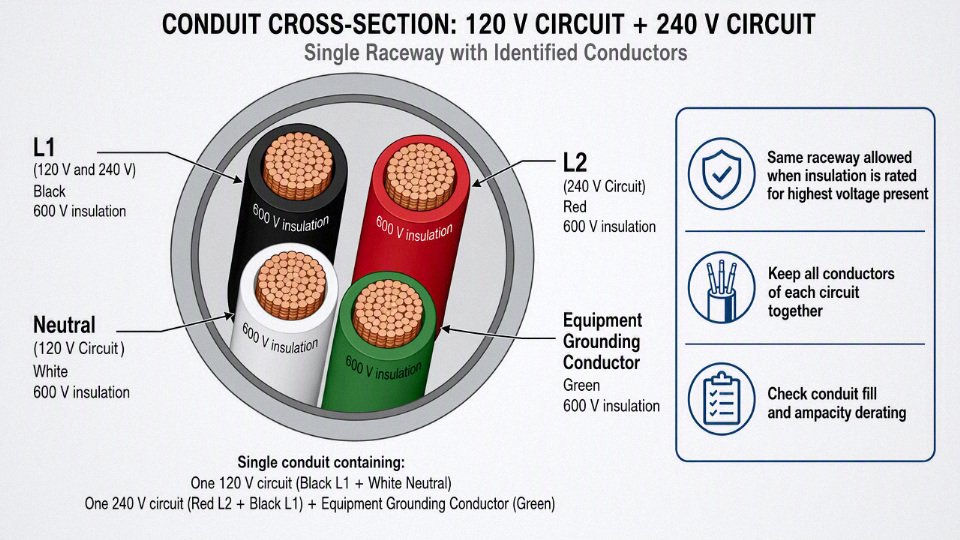 Diagram showing identified 120 V and 240 V conductors sharing one conduit with 600 V insulation