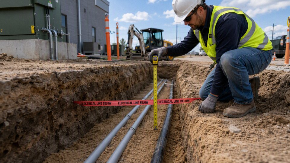 Electrician measuring the burial depth of an underground 240V cable trench