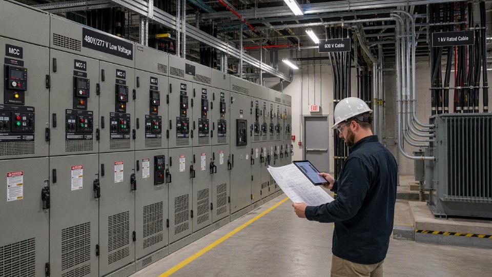 Industrial 480 V low-voltage switchgear lineup in an electrical room