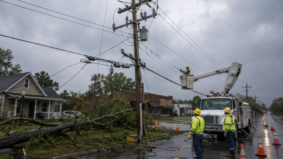 Utility crew repairing storm-damaged overhead power lines on a suburban street.