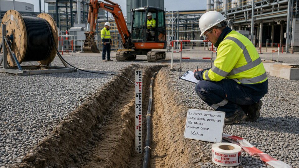 Armoured cable trench being prepared on an industrial site