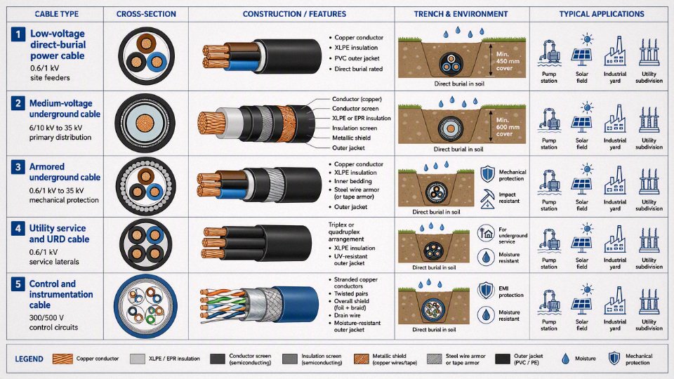 Diagram comparing underground cable types by application