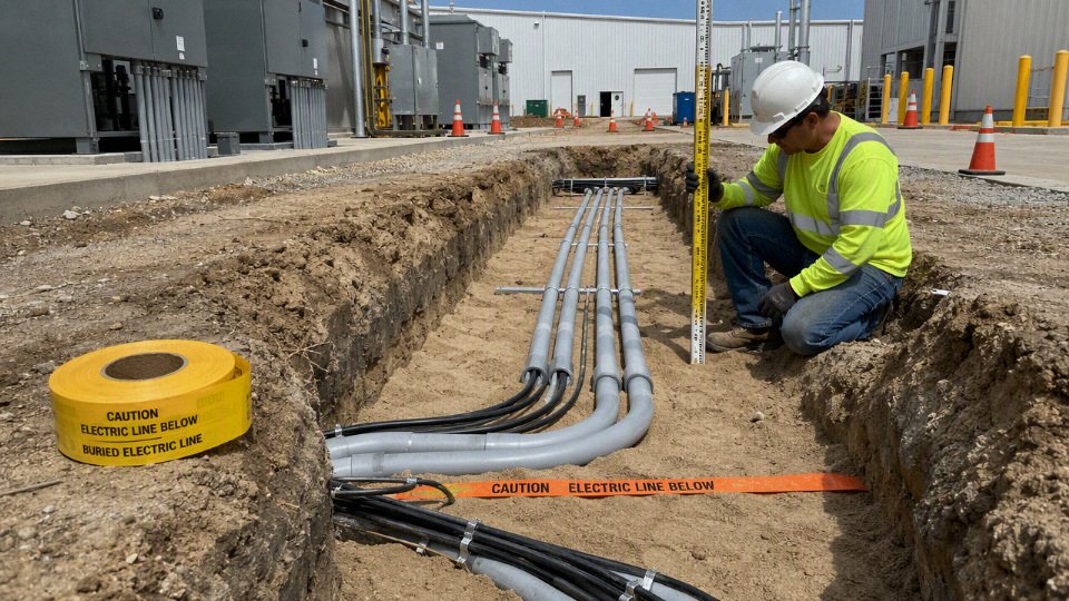 Worker inspecting an underground electrical cable trench at an industrial site