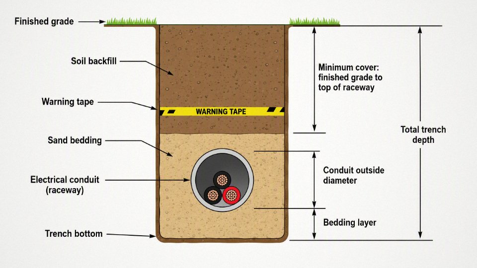 Diagram comparing minimum cover with total trench depth for buried electrical conduit