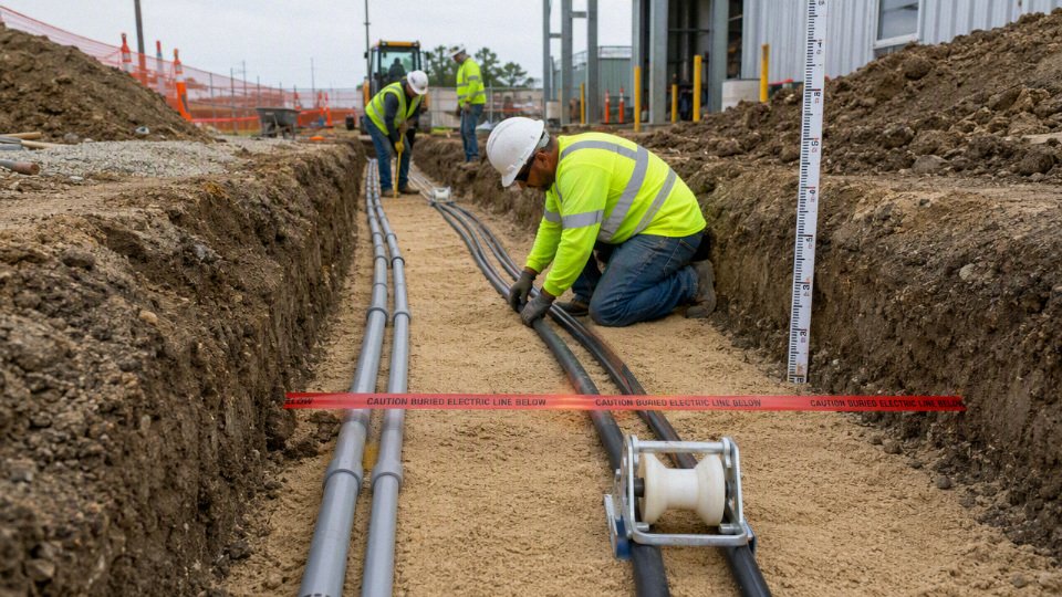 Underground electrical cable being installed in a prepared trench with conduit and warning tape.