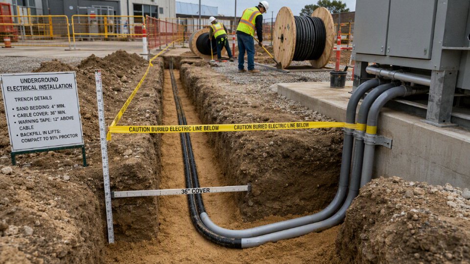 Underground electrical cable installation in a prepared trench with conduit protection and warning tape.