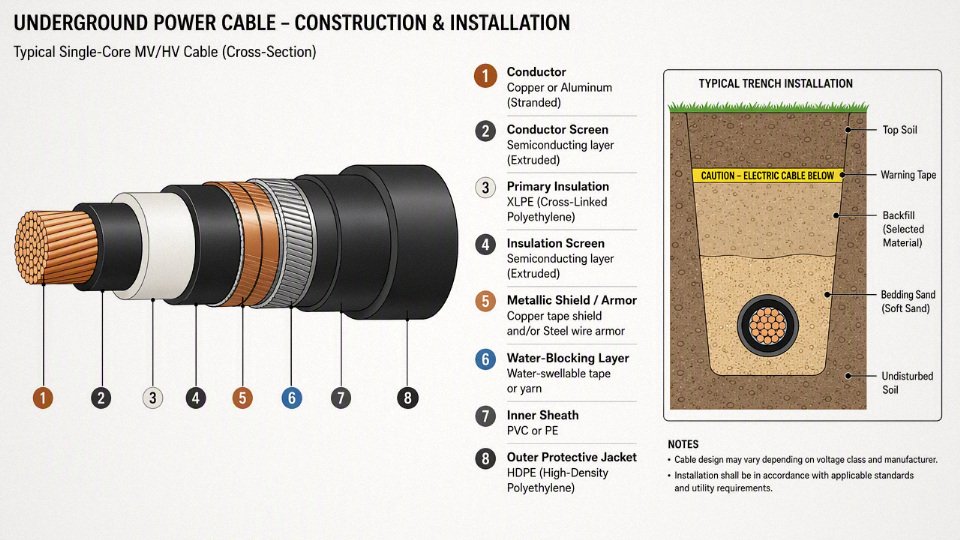 Cross-section diagram showing the main construction layers of an underground power cable.